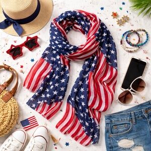 American Flag Scarf Patriotic Red White Blue Lightweight Sheer Summer Wrap